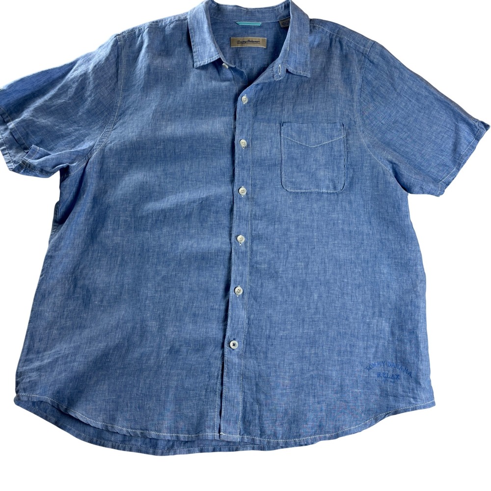 Tommy Bahama Relax Linen Button Front Camp Shirt Blue XXL Tall